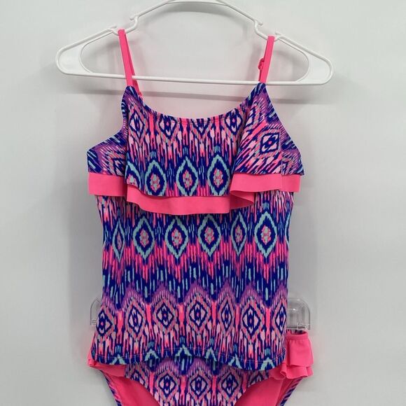 Justice Swimsuit Tankini Top Bikini Bottom Ruffle Front Sides 14 1/2 - Picture 2 of 7